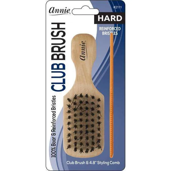 Annie Hard Mini Wooden Club Boar Bristle Brush Hard With 4.8In Comb 2111
