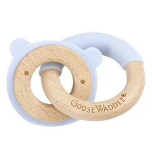 Blue Bear Silicone   Wood Double Teether