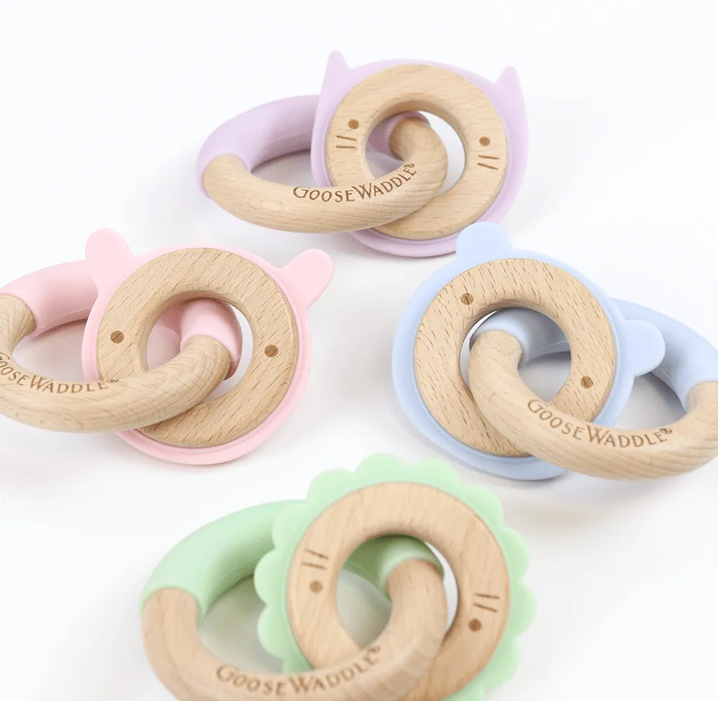 Blue Bear Silicone   Wood Double Teether