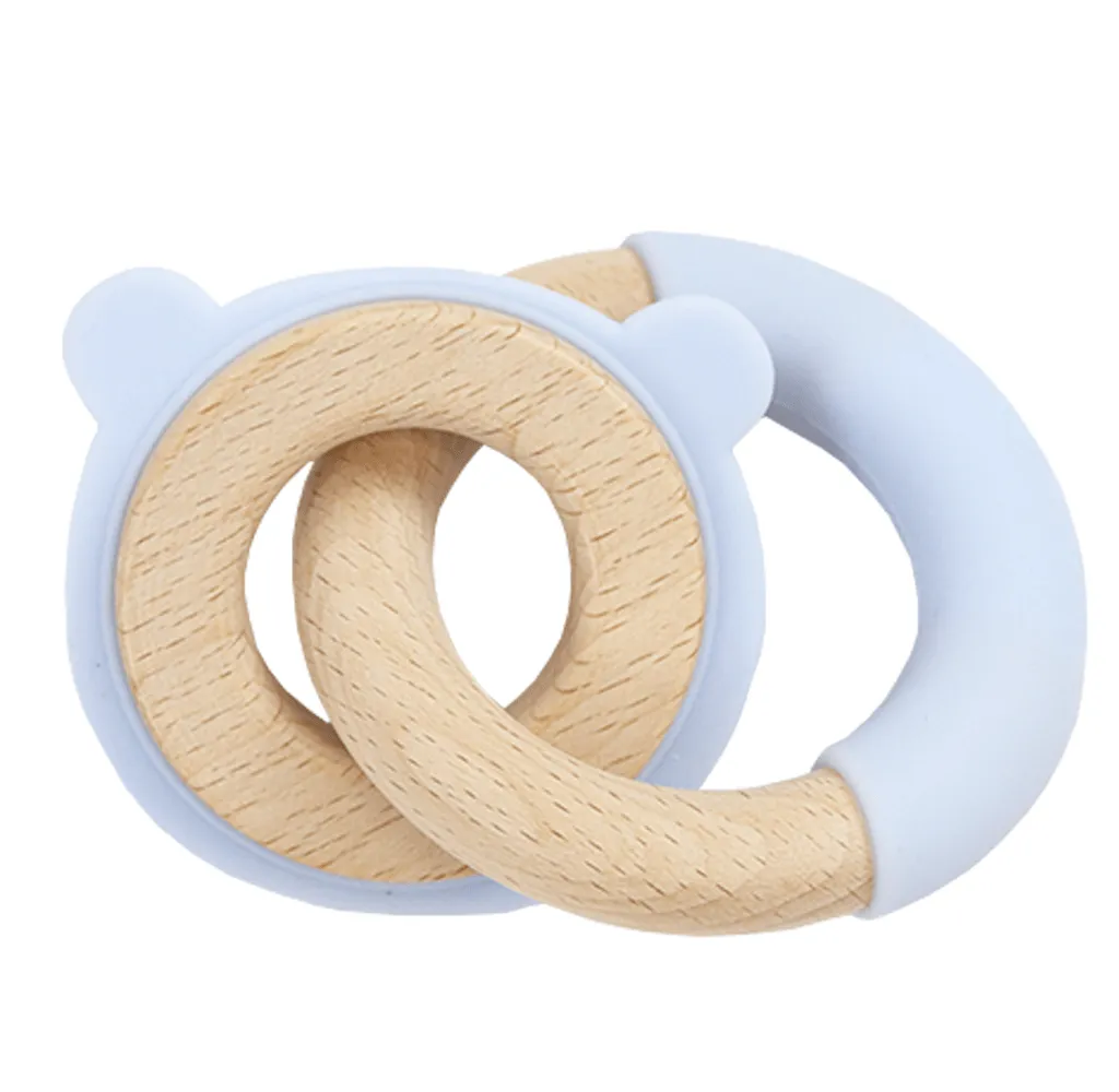 Blue Bear Silicone   Wood Double Teether