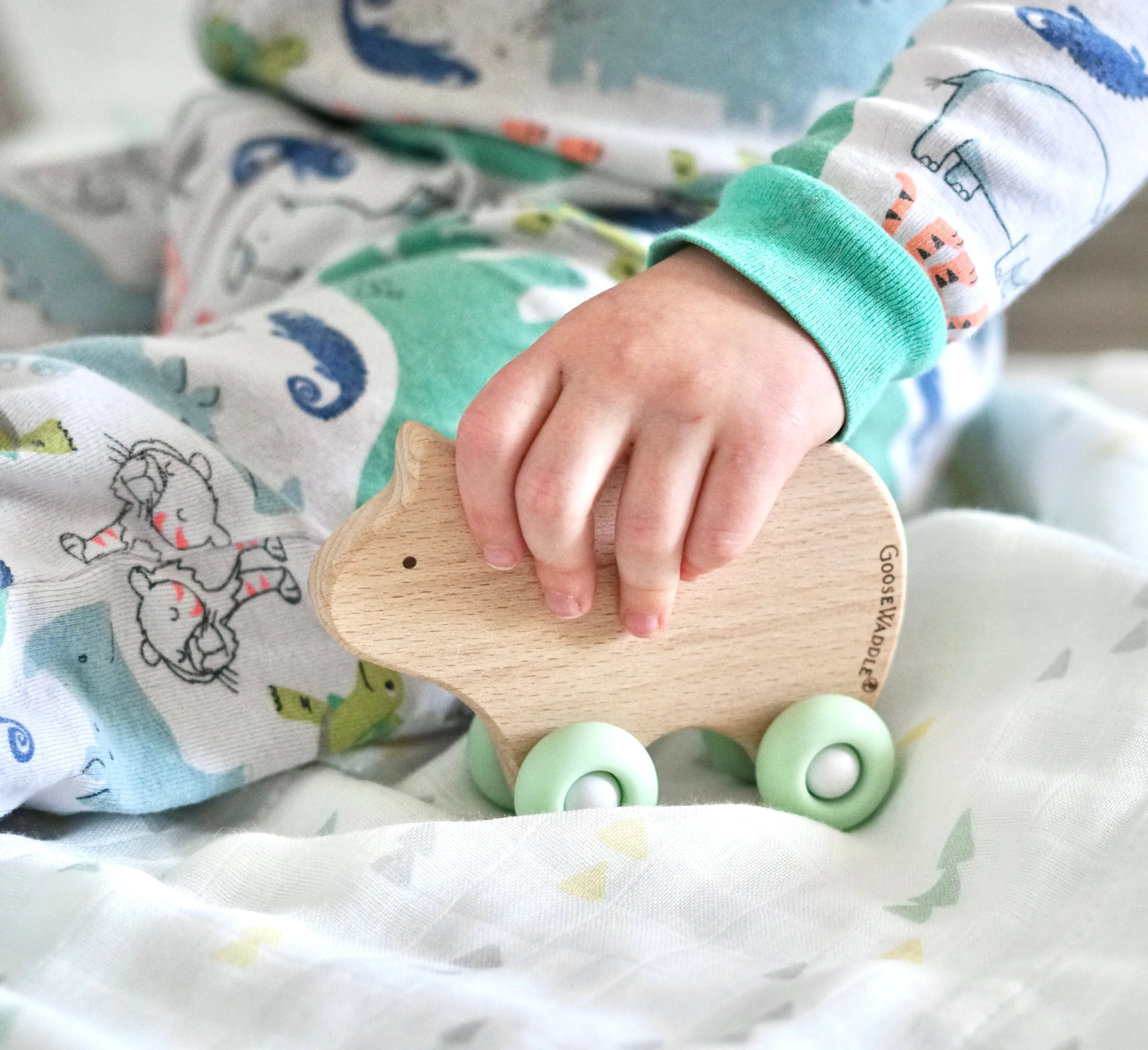 Mint Bear Silicone   Wood Teether With Wheels