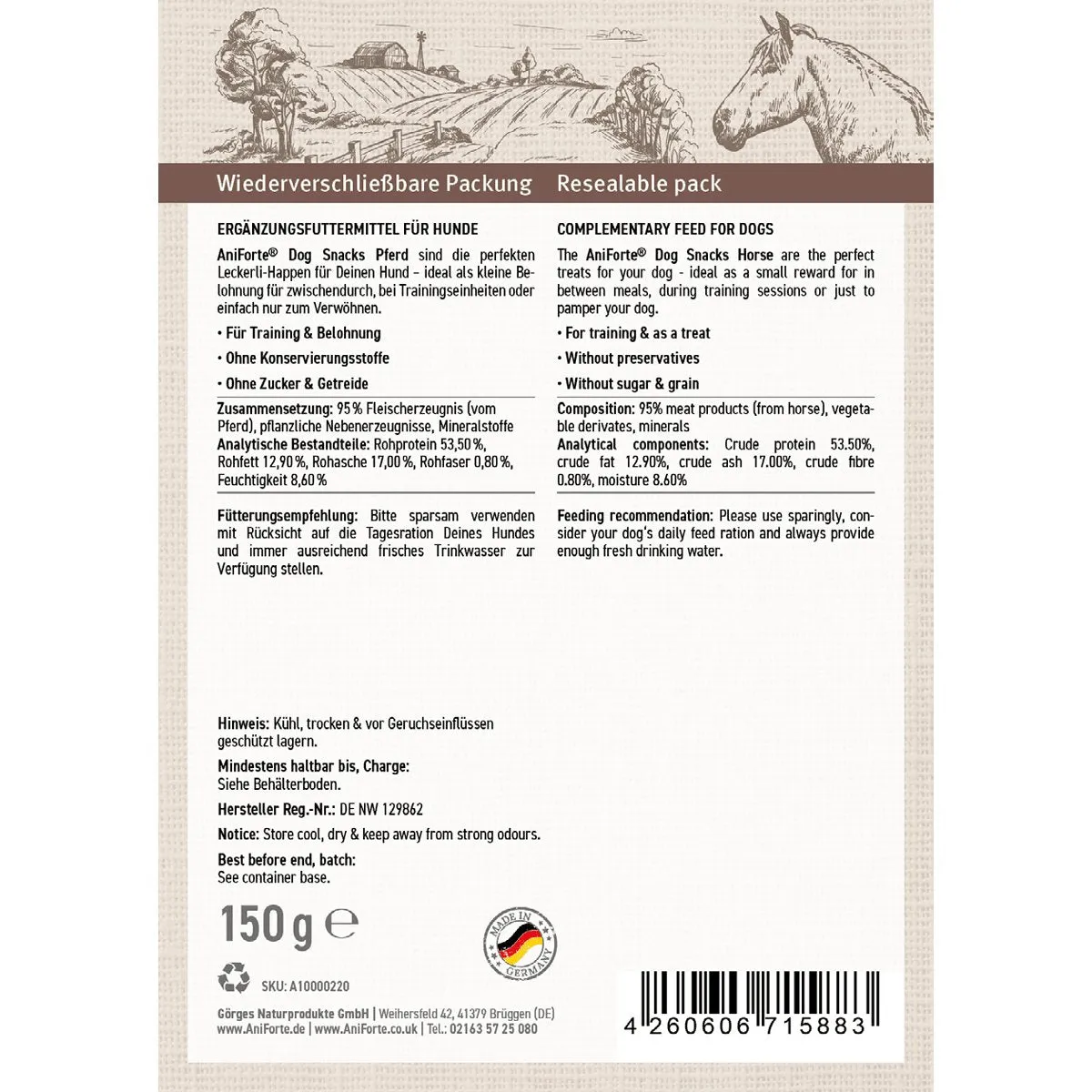 Natural Dog Snacks with Horse - 150g