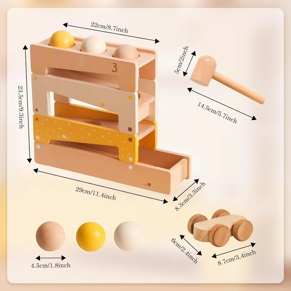 StitchesandTweed Montessori 2 in 1 Wooden Ball Run Tracker, Pound A Ball Drop Toy