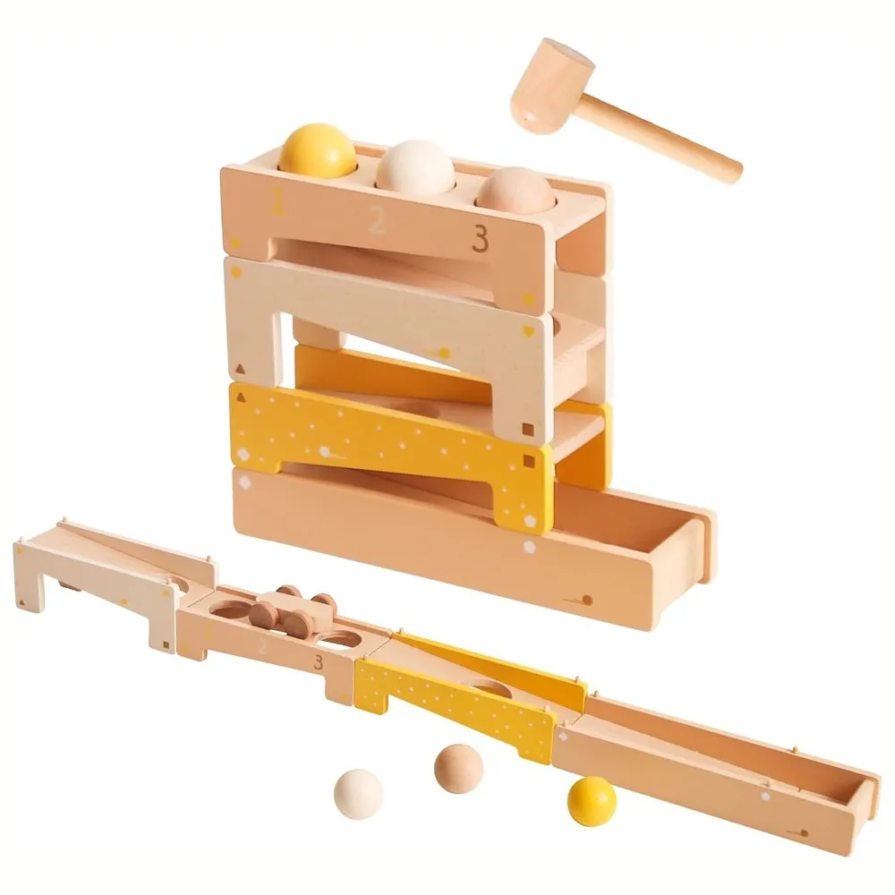 StitchesandTweed Montessori 2 in 1 Wooden Ball Run Tracker, Pound A Ball Drop Toy