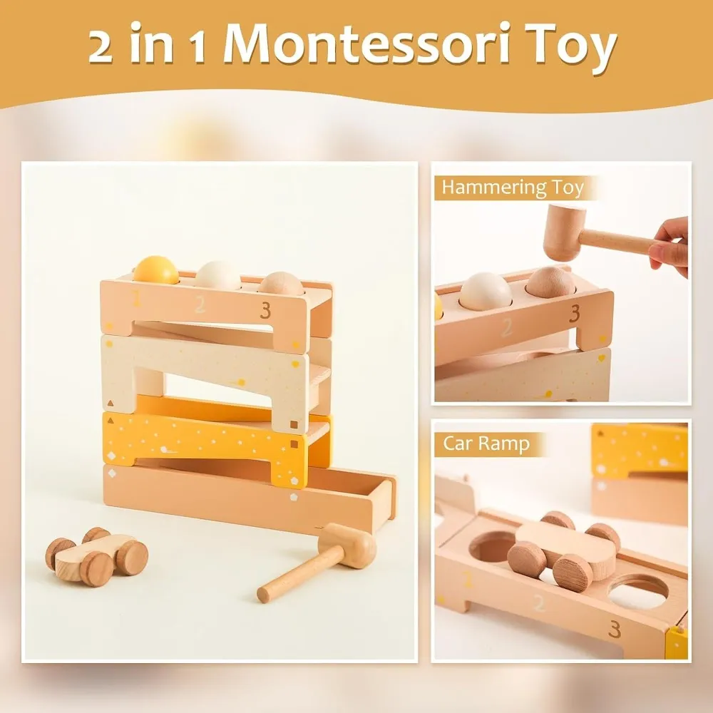 StitchesandTweed Montessori 2 in 1 Wooden Ball Run Tracker, Pound A Ball Drop Toy