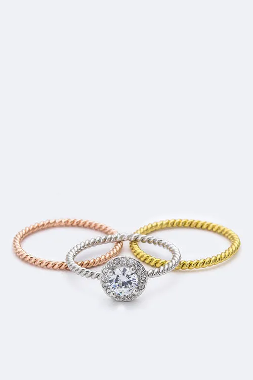TEEK - 3 Tone Round CZ Triple Ring Set