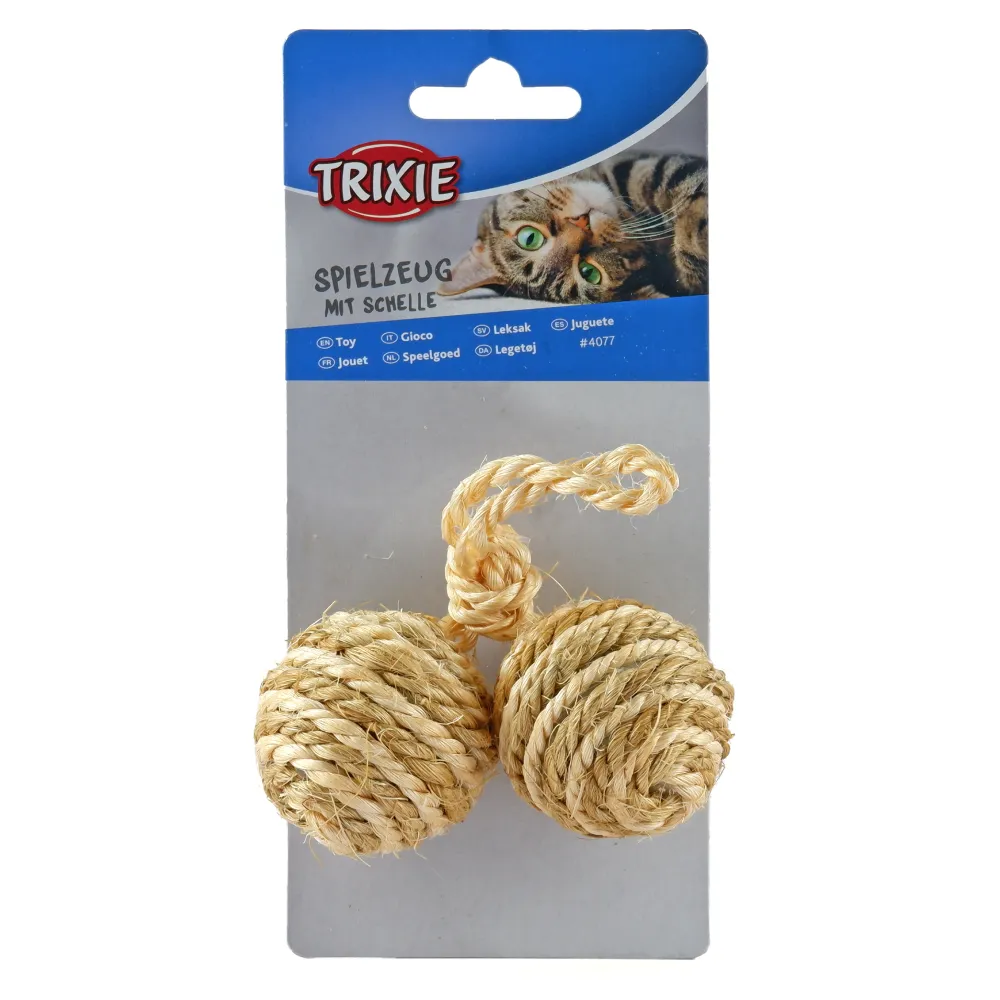 Trixie 2 Sisal Balls on a Rope with Bell Toy for Cats (Brown)
